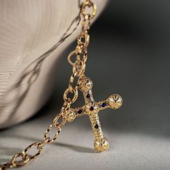 Byzantine Cross Necklace - Gold-Plated Stainless Steel with Multicolored Crystals