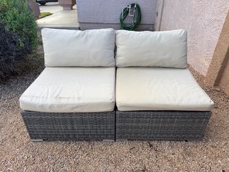 Faux Gray Wicker Two Chair Patio Set with Cushions Size (LxWxH): 31” x 56” x 24”