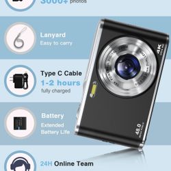 4K Digital Camera Autofocus Vlogging Camera Kids with Front Rear Lens, 32GB Card, 2 Batteries, 48MP 16X Digital Zoom Anti-Shake Time Stamp,