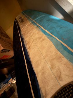 Surfboard with Blue and Tan Design