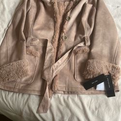 Jones New York Woman Size L faux suede faux fur hip length hooded jacket