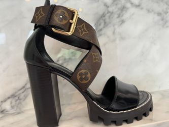 Louis Vuitton Monogram Leather Platform Lug Sole Heeled Sandals Black Brown 38.5