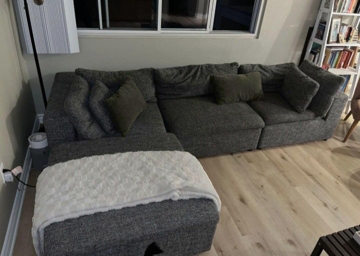 Grey Modular Sectional Sofa Couch With Ottoman 
