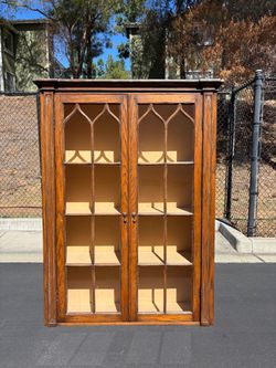 Vintage Oak Gothic Revival Glass Cabinet / Bookcase Tower