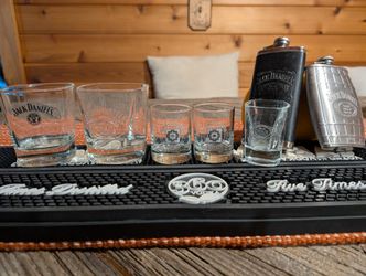 Bar shot glasses, flasks, and bar mats