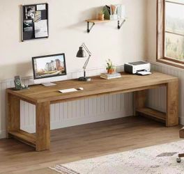 SL0088 Two Person Desk, 86.6 Inches Extra Long Desk, Double Computer Writing Table, Wood Large Desks Workstation for Home Office, Natural Wood