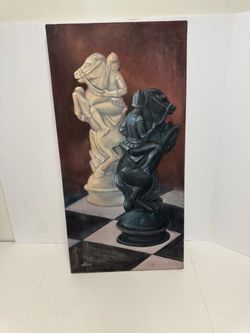 Original Oil Painting Chess Knights on Canvas