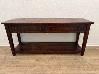 Dark Wood Entryway Table with Drawers and Bottom Shelf