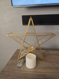 New In Box Home Reflections Glass Gold Star Lantern With LED Candle And Remote