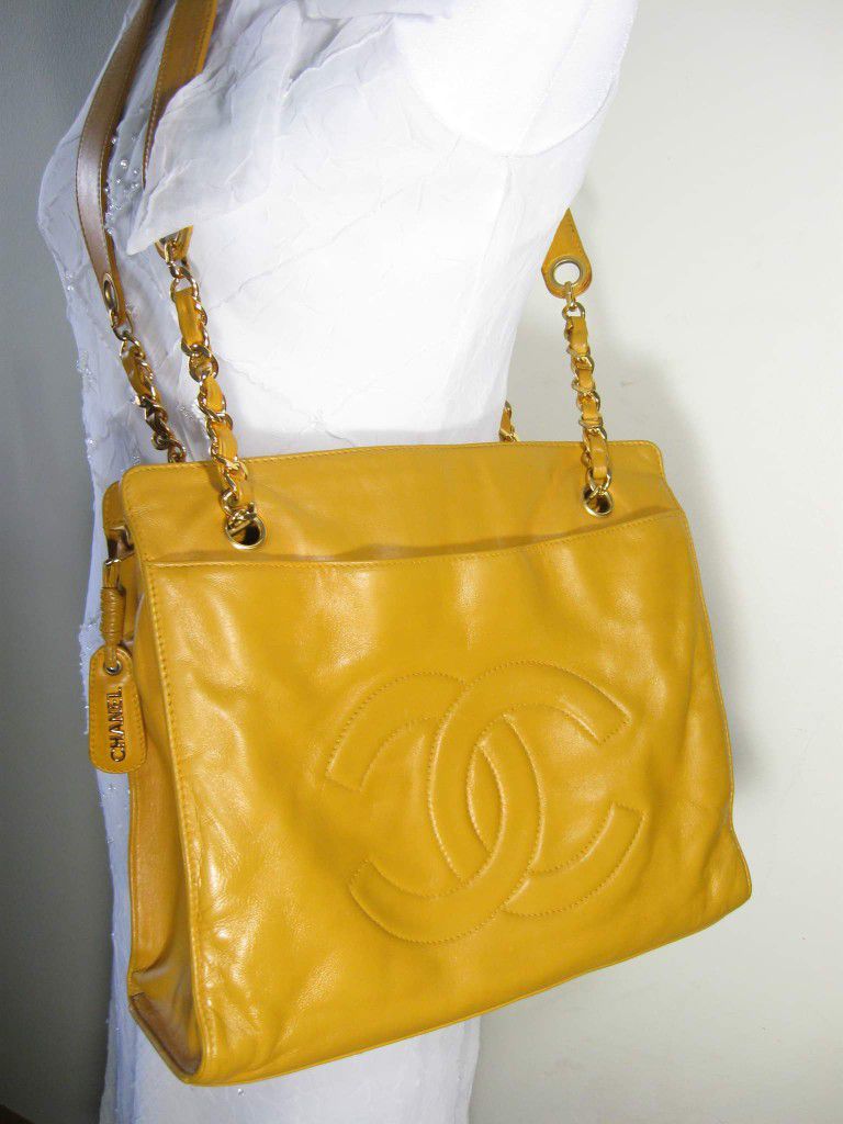 Authentic Chanel Yellow Mustard Lambskin Leather CC Medium Tote Bag 