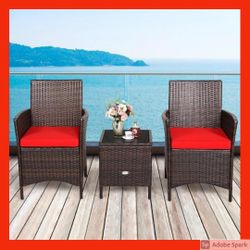 3-Pieces Wicker Patio Conversation Set with Red Cushions