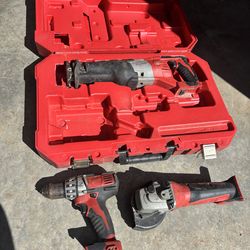 Millwaukee 18v sawzall, grinder and drill (no battery or charger)