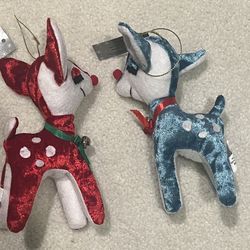 NEW 2022 Lot of 2 RETRO REINDEER Stuffed Plush Blue +Red Christmas Ornaments
