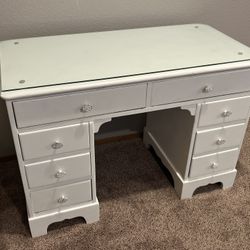 White Desk/Vanity With Tempered Glass 