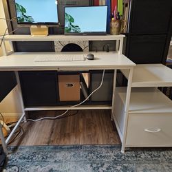 White Riser Desk W/ Printer Stand & Drawer