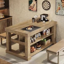 JW1105AB Kitchen Island with 3 Shelves, 55 Inches Width Kitchen Shelf with Large Worktop, Stable Wooden Structure, Farmhouse Style, Easy to Assemble, 