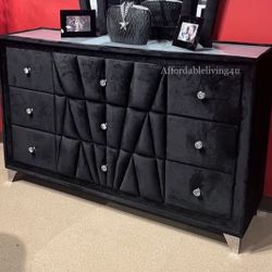 Black Velvet Dresser W/ Acrylic Crystal Knobs Brand New In Box 