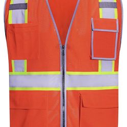  10 Pockets Safety Vest, Class 2 High Visibility Security with Zipper Double-sided mesh, Hi Vis Vest with Reflective Strips, ANSI/ISEA Standard, Const