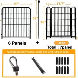 🥨48 inch High 7 Panels Decorative Garden Fence with Gate(6 Plain Panels and 1 Gate Panel) ,7 Panels Heavy Duty Iron Animal Barrier Fence for Yard