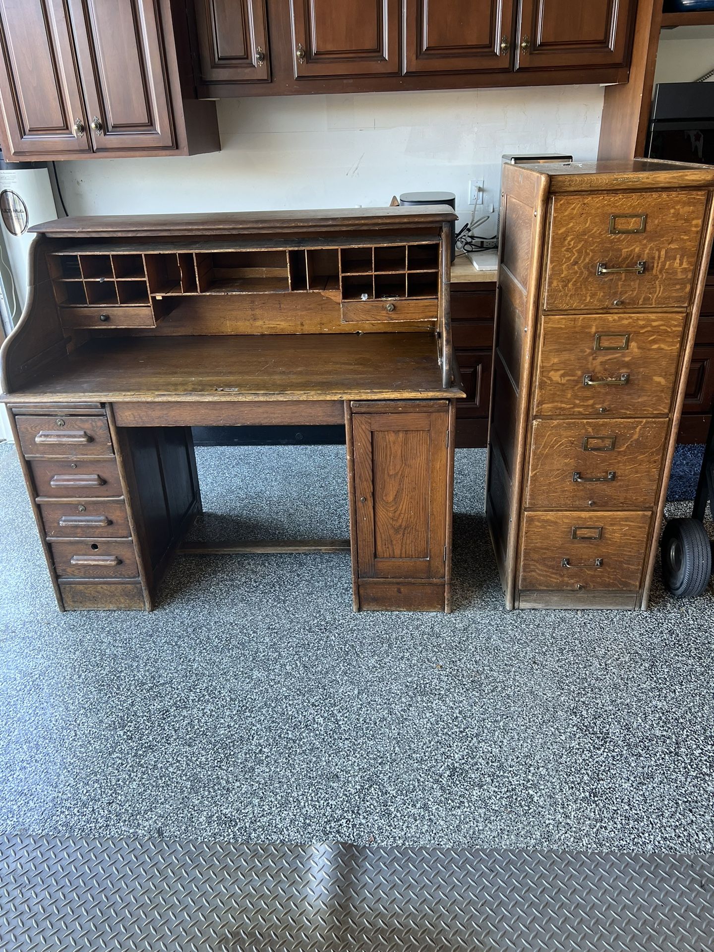 Antique Roll Top Desk And Wood File Cabinet 