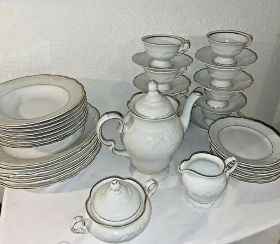 Wawel China Made In Poland, White With Gold Trim. 45 Pieces