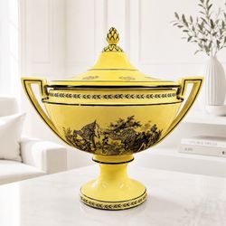 Vintage Mottahedeh S.5007 Italy Yellow Black Creil Large Covered Pedestal Tureen