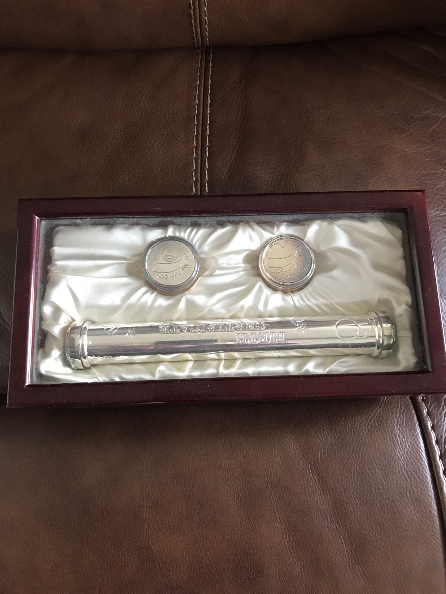 Baby keepsake birth certificate first tooth and cur holder with rosewood finished display box