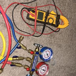 HVAC Tool Set - Yellow Jacket Gauges w/ Hoses + Clamp Meter