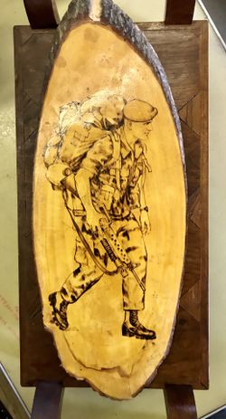 Large vintage wall art handmade burned soldier army veteran artwork