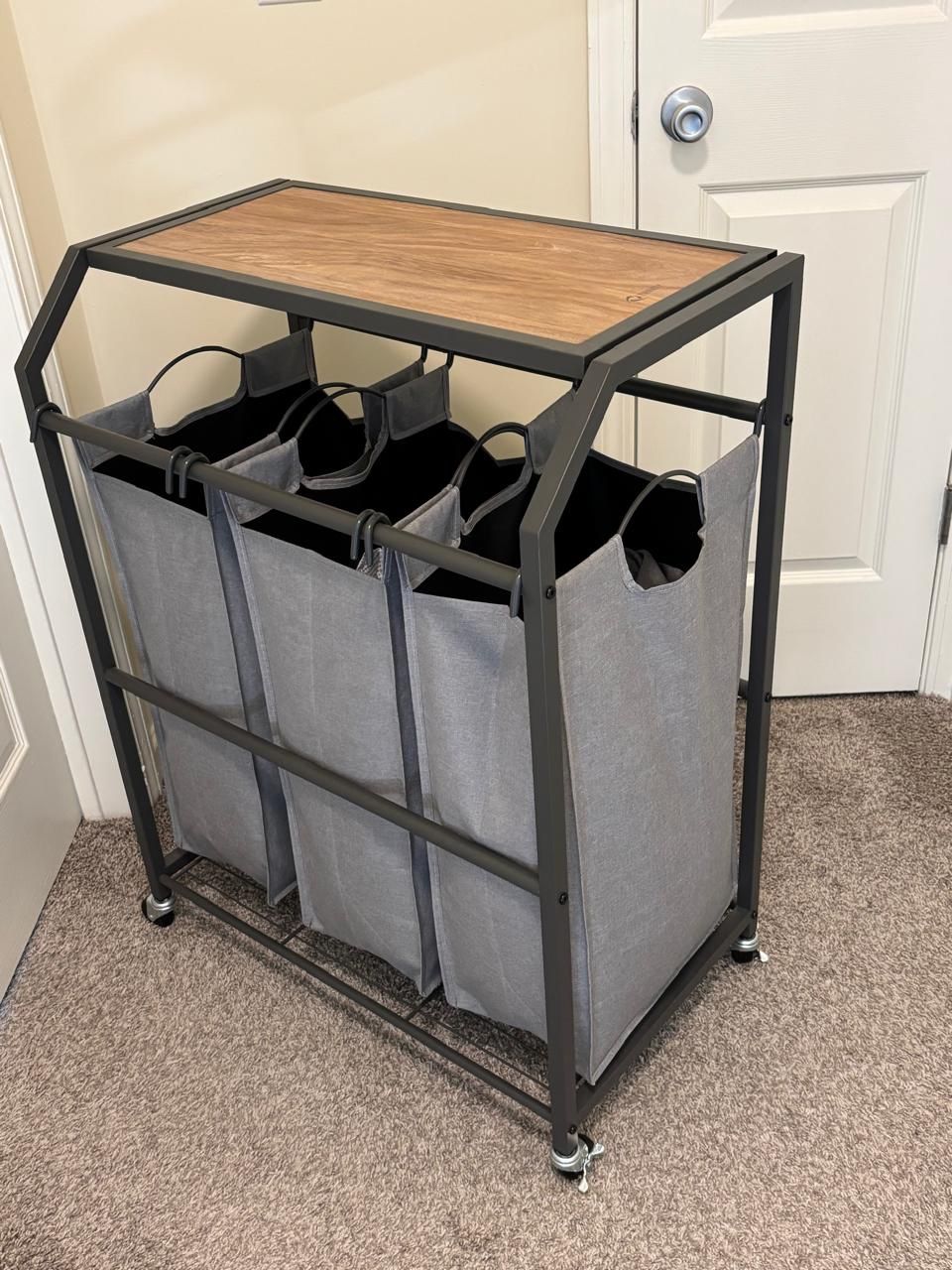 TRINITY three bag Laundry cart with flip up top and wheels - Dark Grey