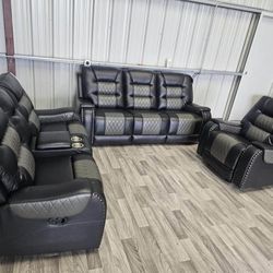 New In Boxes 3pc. Grey/Black Recliner Living Room Set