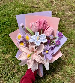 Crochet pink lily and purple cosmos bouquet