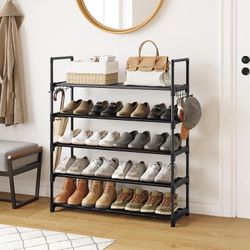 5 Tiers Black Shoe Rack Shoe Organizer Shoe Storage for Closet for Entryway 20-25 Pairs  with Hooks Metal Pipes Plastic Connectors