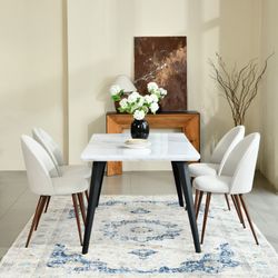 Stan 5 Piece White Dining Table Set 63” Table with 4 Haven Upholstered Chairs