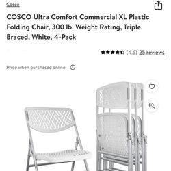 COSCO Ultra Comfort Commercial XL Plastic Folding Chair, 300 lb. Weight Rating, Triple Braced, White, 4-Pack Pm if interested