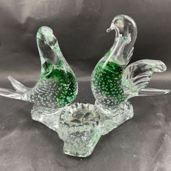 MCM Clear Green Art Glass Love Birds On Branch W/ Controlled Bubbles—Irregular area on 1 beak