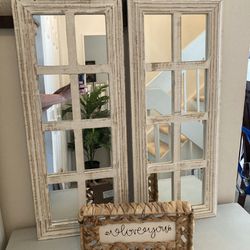 Mirror French Countryside White & Tan Distressed Windowpane Mirrors/Collage Picture Frames (Set of 2)