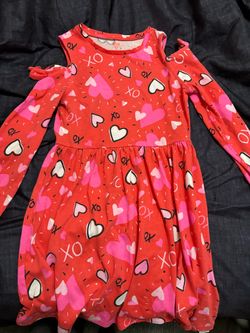 Girls Red Heart Print Cold Shoulder Dress