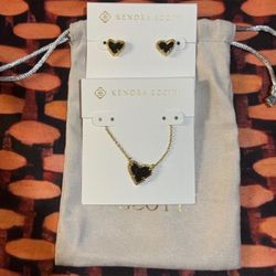 KENDRA SCOTT Black Druzy Ari Heart Gold Pendant Necklace & Stud Earrings NWT $154