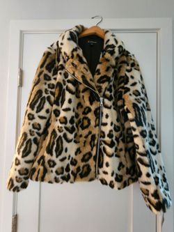 INC International Concepts Leopard Print Faux Fur Moto Jacket Women's XXL NWT