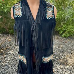 PATRICIA WOLF Hand-Painted Long Fringe Suede Vest Black Beaded Native Western S