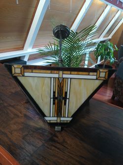 Mission / Arts & Crafts Stained Glass Inverted Pendant Chandelier Light Fixture