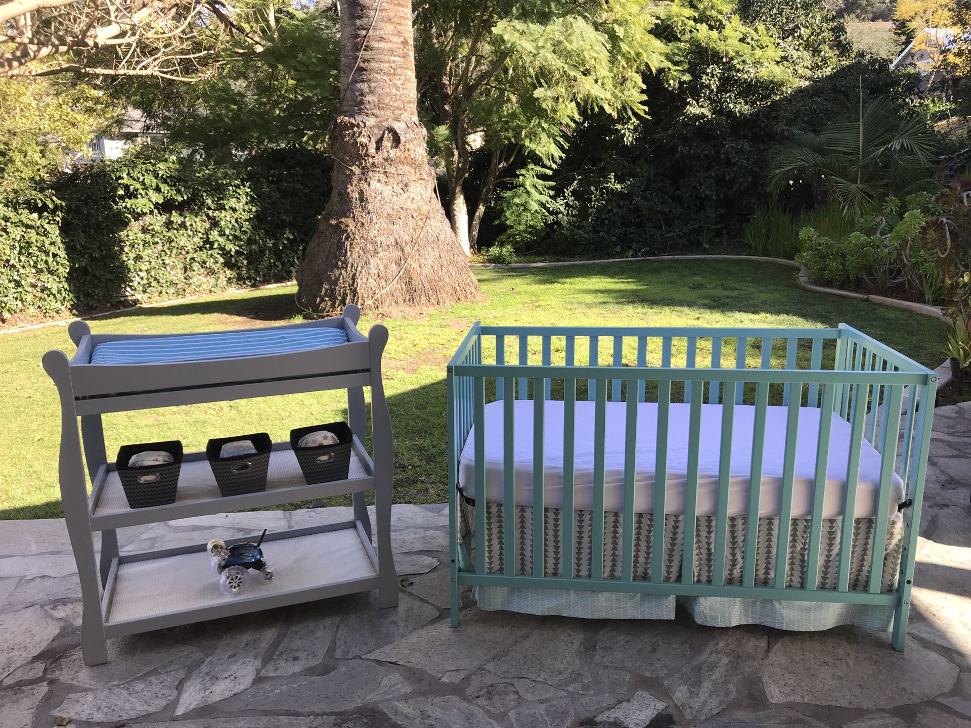 Aqua Crib and Gray Changing Table