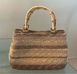 Beige Light Brown Woven Straw Tote Bag Purse Handbag Natural Bamboo Handles Gold Hardware