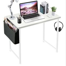 Small White Computer Desk for Small Spaces, 32 inch with Storage Bag & Hook,  Student Youth Adult 