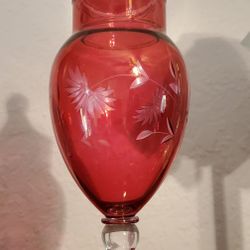 Vintage Cranberry Cut Etched Glass Candy Compote Pedestal Bown With Lid