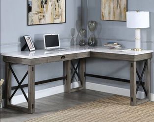 Brand New Weathered Grey & Natural Marble Top L-Shaped Office Desk