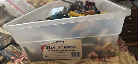 Large Bin of LEGO Bricks and Action Figures