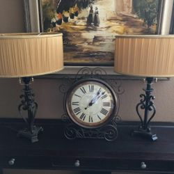 Two Black Metal Table Lamps with Fabric Shades (Each Lamp $5)  & Vintage Table Clock ($5)