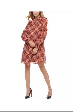 Brand New Woman’s Tommy Hilfiger brand Red Plaid Ruffled Shirt Dress Up For Sale